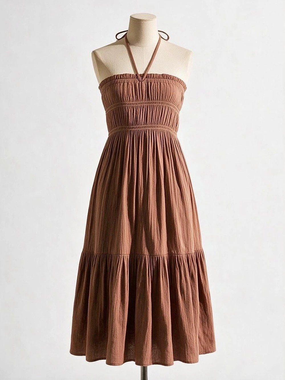 Anthropologie Maison D Amelie Satin Style Brown Halter Midi Dress Like New